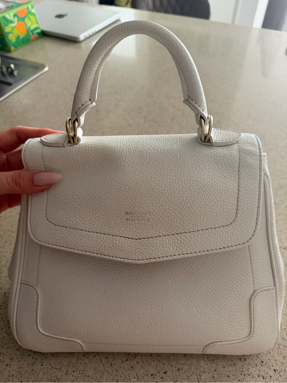 Giorgio Armani White Leather Top-Handle Satchel with Gold Hardware